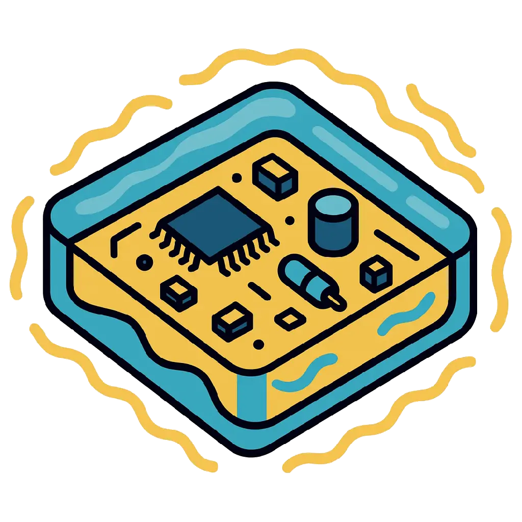 Illustration einer elektrischen Platine, die durch Elektrovergussmasse vor Vibrationen und Erschütterungen geschützt wird. Illustration einer elektrischen Platine, die durch Elektrovergussmasse vor Vibrationen und Erschütterungen geschützt wird.