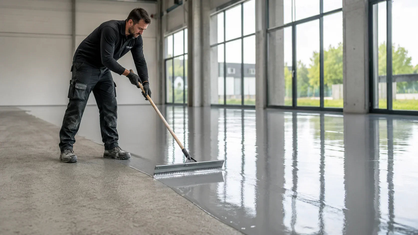 Handwerker trägt eine glänzende graue Epoxidharz-Bodenbeschichtung in einer hellen Industriehalle auf