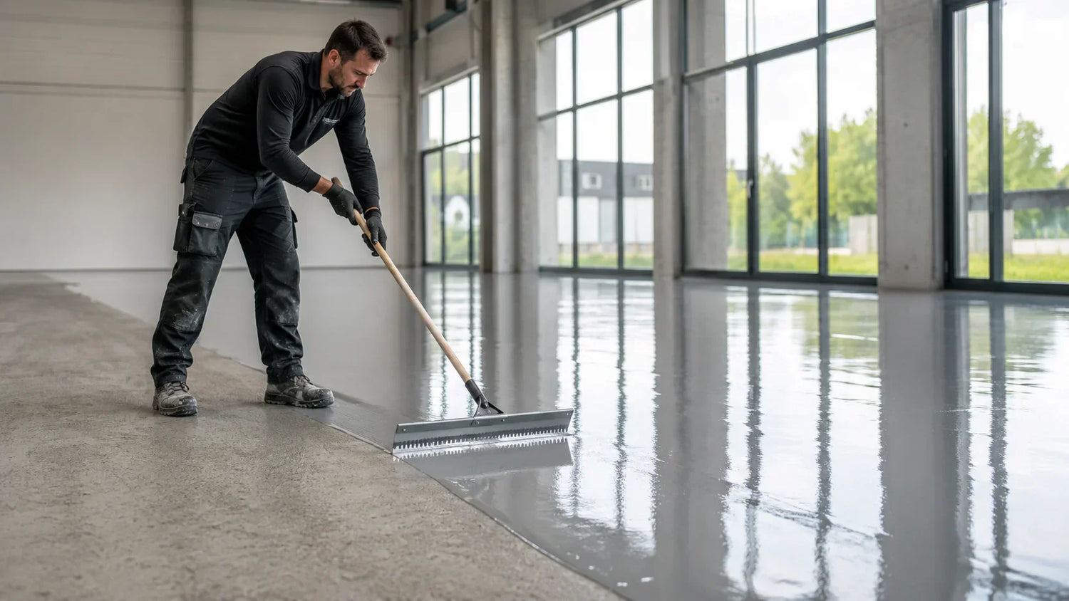 Handwerker trägt eine glänzende graue Epoxidharz-Bodenbeschichtung in einer hellen Industriehalle auf