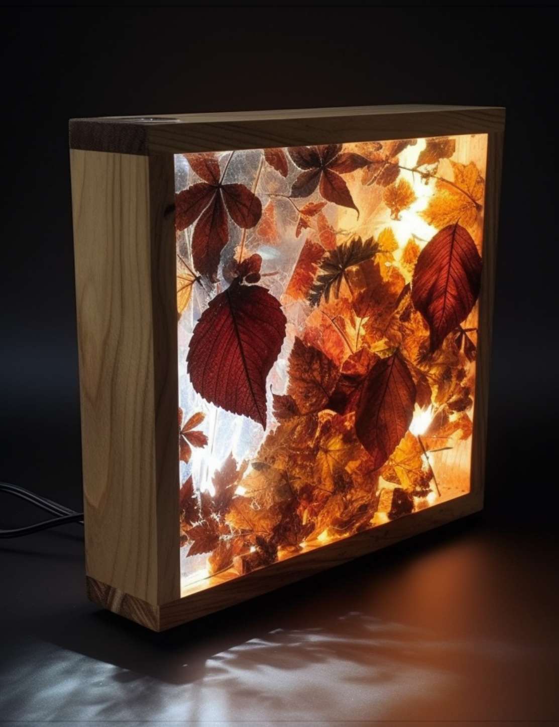 Herbstliche Lampe aus Holz, Blättern und Epoxidharz