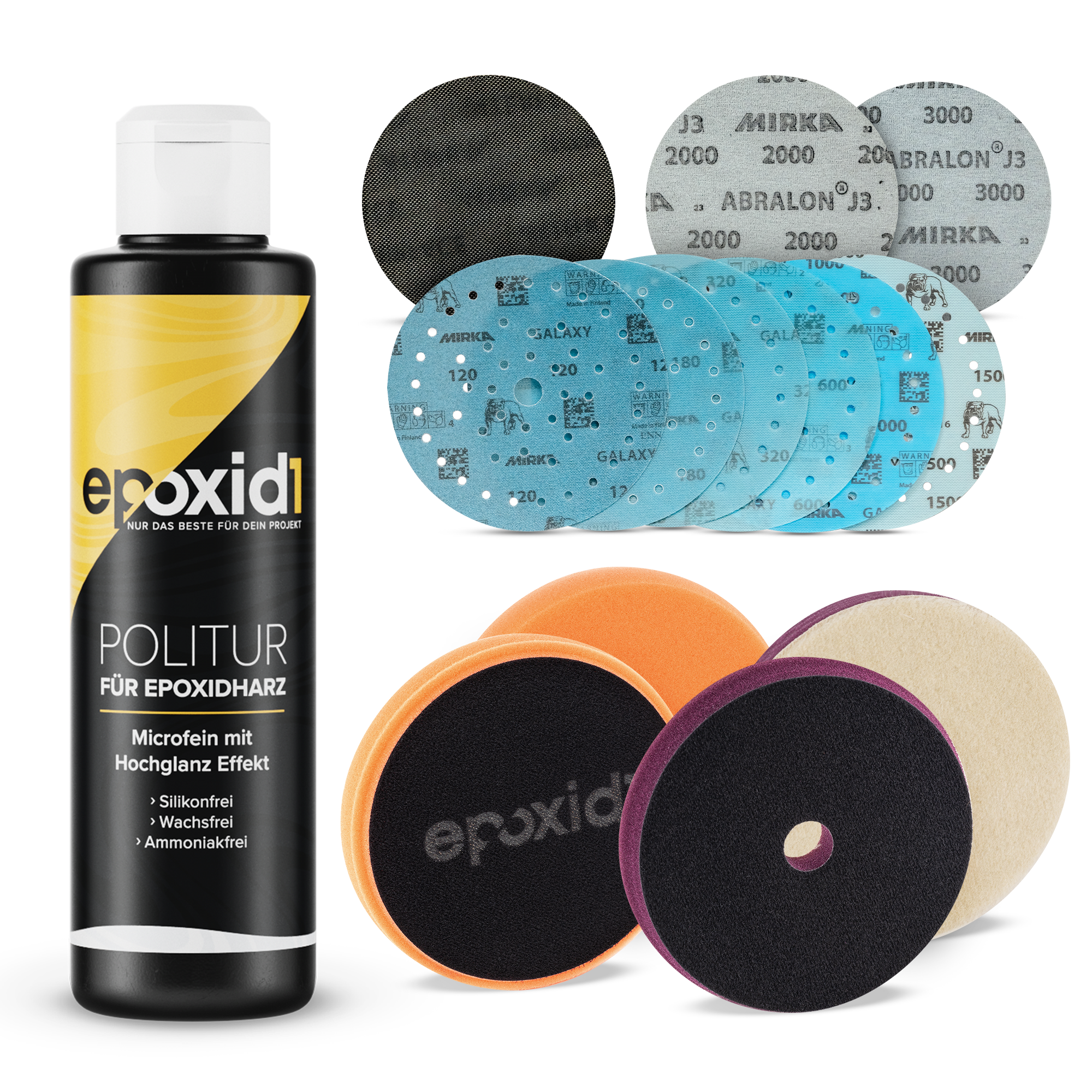 epoxid1 Schleifen und Polieren Bundle für Epoxidharz. Bestehend aus Politur, Polierpads und dem Mirka Schleifset