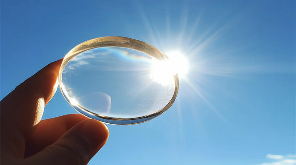 eine hand hält ein stück glasklares und blasenfreies epoxidharz in die sonne